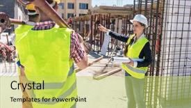  Presentation with construction work - Slide deck with coordination - experienced female foreman coordinating background and a yellow colored foreground