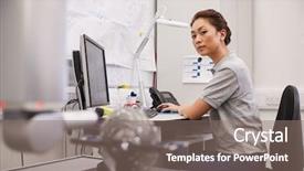  Presentation with factory machine - Audience pleasing presentation design consisting of coordination - female engineer uses cmm coordinate backdrop and a gray colored foreground