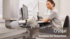  Presentation with textile spinning machine in factory - Presentation theme featuring coordination - female engineer uses cmm coordinate background and a gray colored foreground
