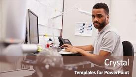  Presentation with factory machine - Presentation theme consisting of coordination - male engineer uses cmm coordinate background and a violet colored foreground