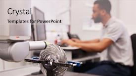  Presentation with factory machine - Slide set having coordination - male engineer uses cmm coordinate background and a light gray colored foreground