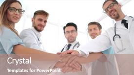  Presentation with patient and nurse holding hands - Beautiful slide set featuring coordination meeting - doctors and nurses coordinate hands backdrop and a coral colored foreground