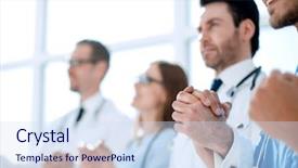  Presentation with patient and nurse holding hands - Audience pleasing slides consisting of coordination meeting - doctors and nurses coordinate hands backdrop and a sky blue colored foreground