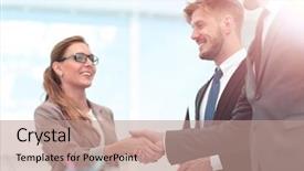  Presentation with five business people standing together and smiling - PPT layouts consisting of coordination meeting - happy smiling business people shaking background and a  colored foreground