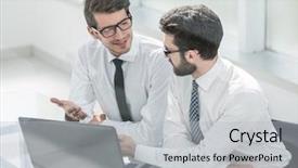  Presentation with laptop - Beautiful presentation featuring coordination meeting - two business colleagues looking backdrop and a light gray colored foreground
