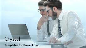  Presentation with laptop - Amazing slide deck having coordination meeting - two business colleagues looking backdrop and a light blue colored foreground