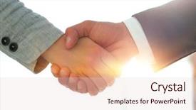  Presentation with shaking hands - Audience pleasing PPT theme consisting of coorporate - business people shaking hands isolated backdrop and a  colored foreground