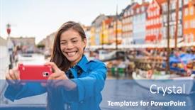  Presentation with denmark - Presentation enhanced with copenhagen-travel-selfie-asian-tourist background and a teal colored foreground