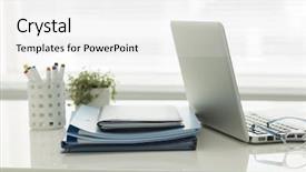  Presentation with desk - Colorful slide set enhanced with copmuter case - office desk backdrop and a white colored foreground