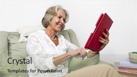  Presentation with using digital tablet - Audience pleasing presentation theme consisting of copmuter case - senior woman using digital tablet backdrop and a light gray colored foreground