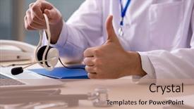  Presentation with telemedicine - Presentation theme featuring copmuter case - young male doctor in telemedicine background and a coral colored foreground