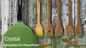  Presentation with kitchen utensils - Cool new slide deck with copper kitchen with white tile backdrop and a tawny brown colored foreground