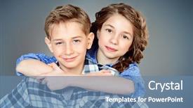 Presentation with teenagers - Presentation theme enhanced with copple cildren - happy teenagers posing together active background and a  colored foreground