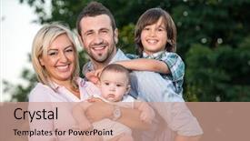  Presentation with crime scene do not cross - PPT theme having copple cildren - idyllic happy family scene outdoors background and a coral colored foreground