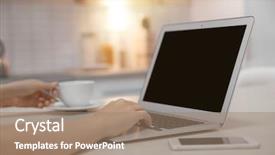  Presentation with young man holdng laptop on lap money - Beautiful theme featuring copy space - woman using laptop on kitchen backdrop and a coral colored foreground