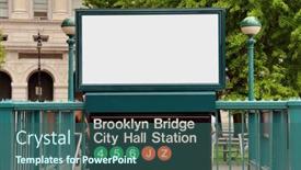  Presentation with brooklyn bridge - Colorful presentation design enhanced with two businessmen with 3d glasses standing in the street backdrop and a gray colored foreground