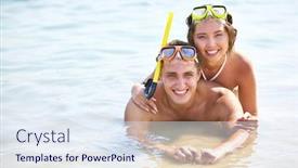  Presentation with masks - PPT layouts having copy-spaced portrait of smiling young people in scuba masks lying in water background and a sky blue colored foreground