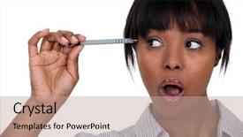  Presentation with pen - Audience pleasing PPT theme consisting of copy writer - office worker holding pen backdrop and a coral colored foreground