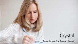  Presentation with writing pen - Cool new slides with copy writer - woman writing pen in notebook backdrop and a light gray colored foreground