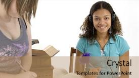  Presentation with teen girls - PPT theme enhanced with copyright on books has expired study session teen girls at table with old law books background and a coral colored foreground