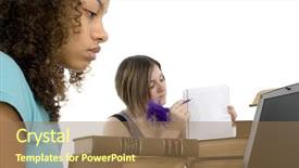  Presentation with teen girls - Theme featuring copyright on books has expired study session teen girls at table with old law books background and a coral colored foreground