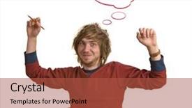  Presentation with thought - Colorful presentation design enhanced with copywriter - young man with pencil having backdrop and a red colored foreground