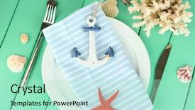  Presentation with cutlery easter table setting - Theme having coral wedding - marine table setting on color background and a  colored foreground