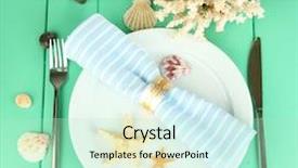  Presentation with wooden board empty table top - Slide deck enhanced with coral wedding - marine table setting on color background and a  colored foreground