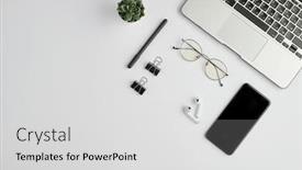  Presentation with cordless - Slide deck enhanced with cordless-earphones-eyeglasses-pen-clips background and a light gray colored foreground