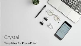  Presentation with cordless - PPT theme featuring cordless-earphones-eyewear-pen-clips background and a light gray colored foreground