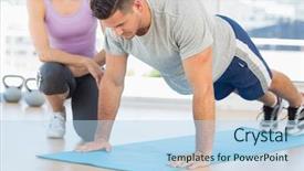  Presentation with trainer - Presentation theme consisting of core activity - female trainer assisting man background and a light blue colored foreground