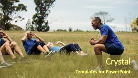  Presentation with elderly people and exercise - Cool new PPT theme with core team - fit people performing crunches exercise backdrop and a tawny brown colored foreground