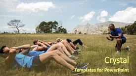  Presentation with exercise - Amazing presentation design having core team - fit people performing crunches exercise backdrop and a tawny brown colored foreground