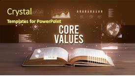  Presentation with business book - Cool new slides with core-values-inscription-coming-out backdrop and a tawny brown colored foreground