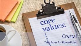  Presentation with ethics values - Beautiful PPT layouts featuring core values list on clipboard backdrop and a sky blue colored foreground