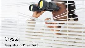  Presentation with binoculars at a lookout point - Colorful presentation enhanced with coren - serious young businesswoman peeking backdrop and a light gray colored foreground