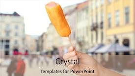  Presentation with corn dog - Audience pleasing presentation theme consisting of woman holding tasty corn dog on city street backdrop and a coral colored foreground