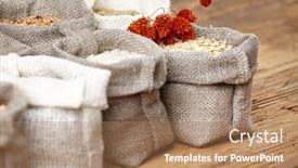  Presentation with kernel corn - Colorful theme enhanced with corn kernel seed meal and grains in bags isolated on a wood table backdrop and a coral colored foreground