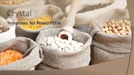  Presentation with kernel corn - Cool new presentation theme with corn kernel seed meal and grains in bags isolated on a wood table backdrop and a coral colored foreground