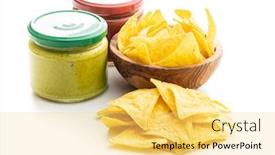  Presentation with dip - Colorful presentation enhanced with corn nacho chips with avocado and tomato dip yellow tortilla chips and guacamole isolated on white background backdrop and a yellow colored foreground