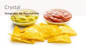  Presentation with dip - Presentation theme consisting of corn nacho chips with avocado and tomato dip yellow tortilla chips and guacamole isolated on white background background and a sky blue colored foreground