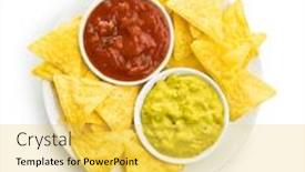  Presentation with dip - Cool new presentation theme with corn nacho chips with avocado and tomato dip yellow tortilla chips and guacamole isolated on white background backdrop and a yellow colored foreground