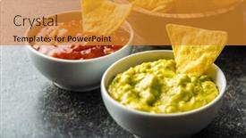  Presentation with salsa guacamole - Presentation design featuring corn nacho chips with avocado and tomato dip yellow tortilla chips and guacamole salsa on old kitchen table background and a gold colored foreground