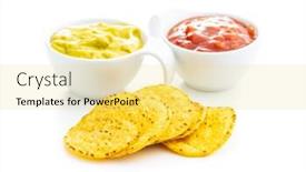  Presentation with salsa guacamole - PPT theme featuring corn nacho chips with avocado and tomato dip yellow tortilla chips and guacamole salsa isolated on white background background and a blonde colored foreground