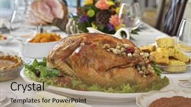 Presentation with thanksgiving god - Cool new PPT theme with cornbread - roasted turkey on table set backdrop and a coral colored foreground