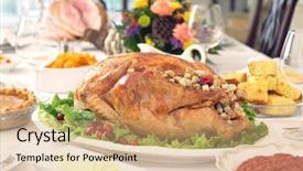 Presentation with microsoft publisher thanksgiving designs - Amazing PPT layouts having cornbread - roasted turkey on table set backdrop and a coral colored foreground