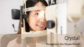  Presentation with exam - Colorful theme enhanced with slit lamp ophthalmology - woman undergo optical exam backdrop and a coral colored foreground