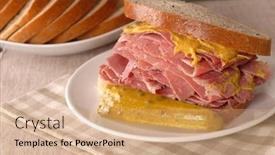  Presentation with pickle - Slide deck featuring corned-beef-sandwich-with-mustard background and a coral colored foreground