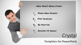  Presentation with corner - Theme having businessman looking around the corner and is pointing against grey card background and a light gray colored foreground