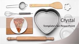  Presentation with flat - Slides consisting of corolla - cake ingredients on white table background and a light gray colored foreground